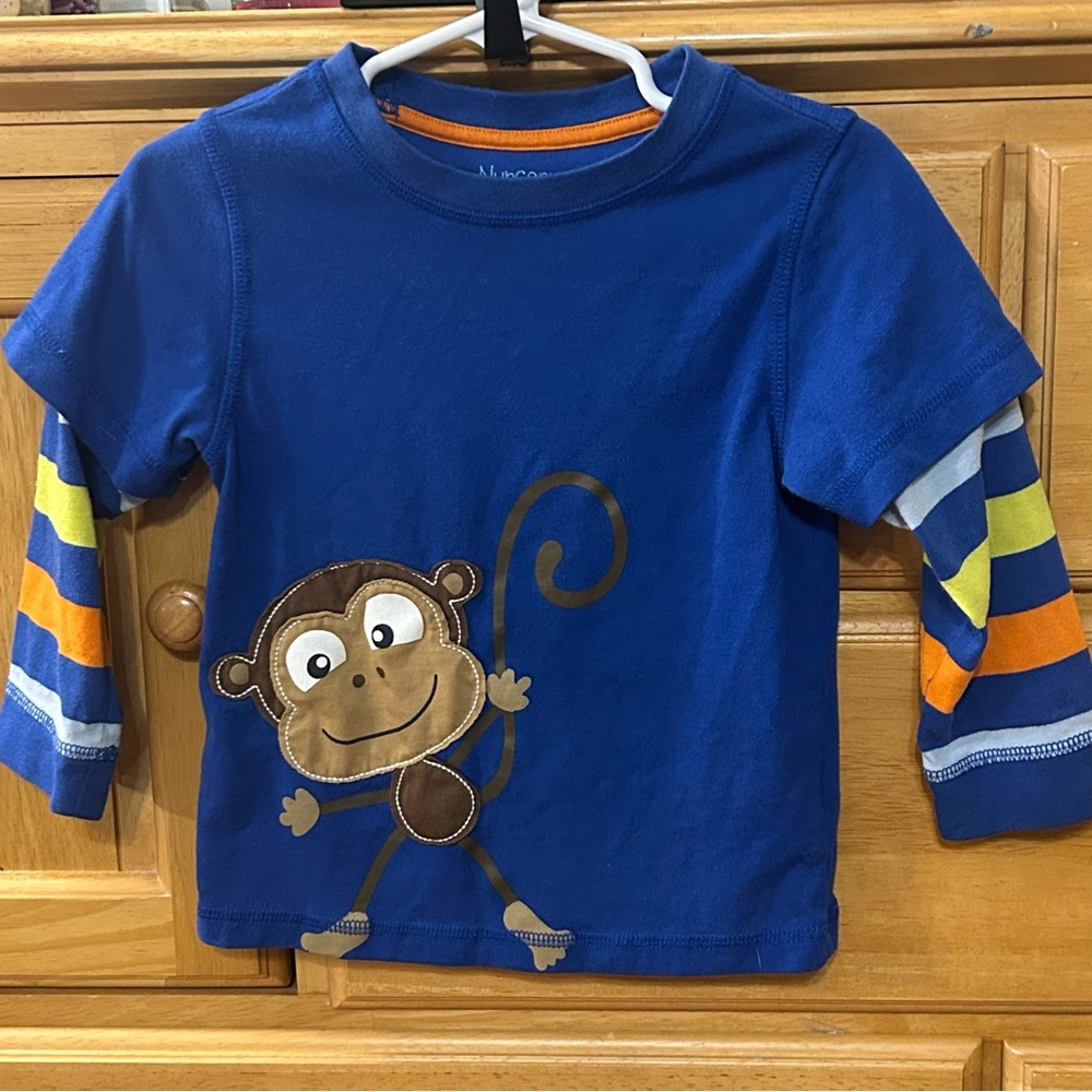 Nursery Rhyme Boy’s Blue Long Sleeve Tee Shirt w/Monkey Appliqué Size 24 Months